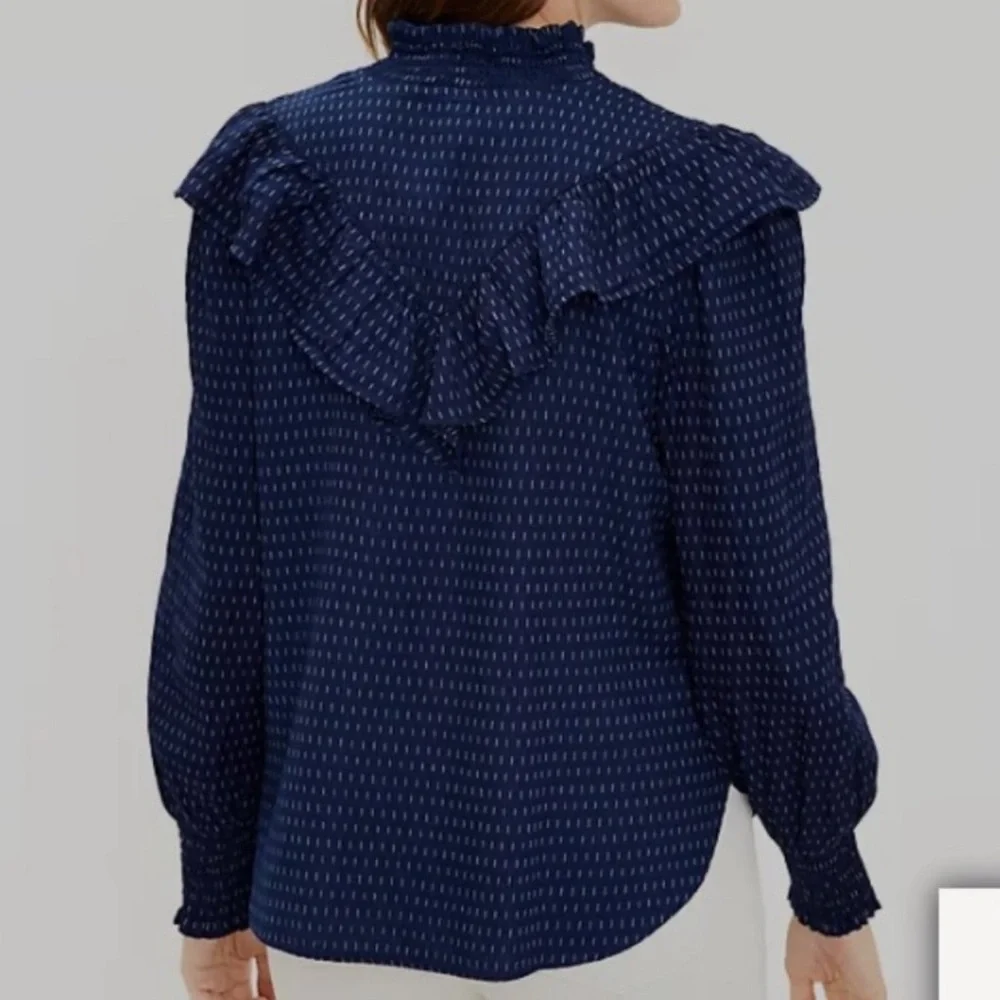 LOFT Dobby Ruffle Prairie Feminine Navy Long Sleeve Buttoned Cotton Blouse Top - Picture 3 of 10